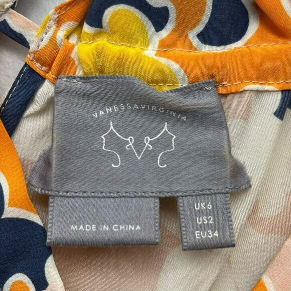 Vanessa Virginia Dress Women's Sz 2 Orange Floral Keyhole Short Sleeve 100% Silk - Picture 6 of 11